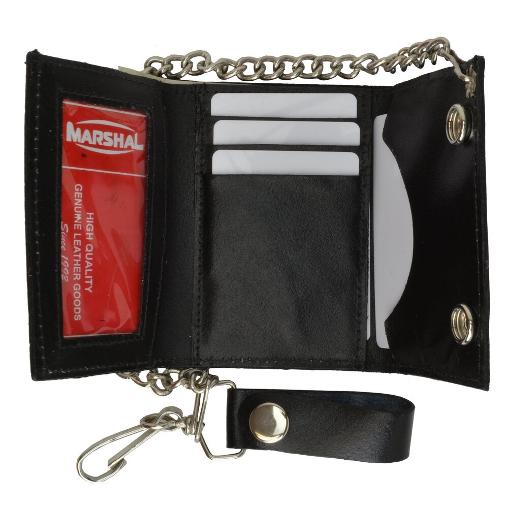 2810 BLACK Leather Trifold Biker's Wallet ID Card Holder w/Chain Skull